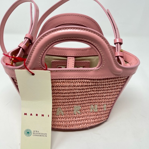 Marni Micro Tropicalia Pink Raffia and Leather Bucket Bag with Crossbody Strap - Picture 2 of 12